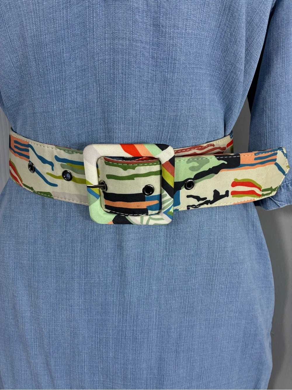 Womens belt 42” Multicolor Colorblock Fabric Covered Belt and buckle wide